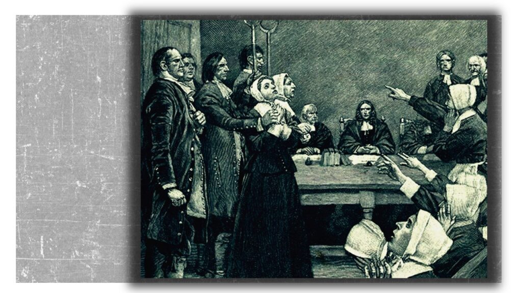 Três mulheres sendo apresentadas ao magistrado em Salem, em 1692, acusadas de bruxaria